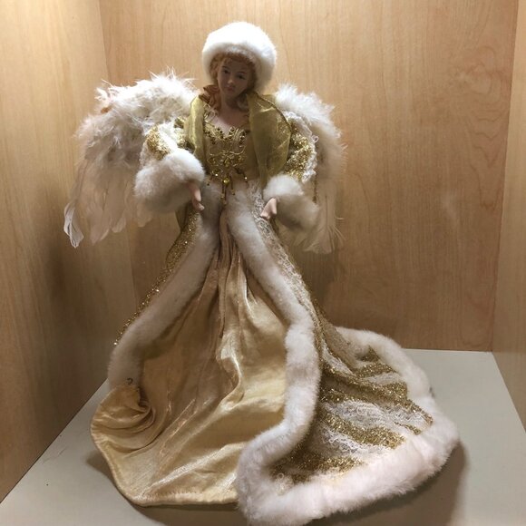 Vintage Porcelain Standing Angel with White Feather Wings & Gold Gown 14 Inches - Picture 5 of 12